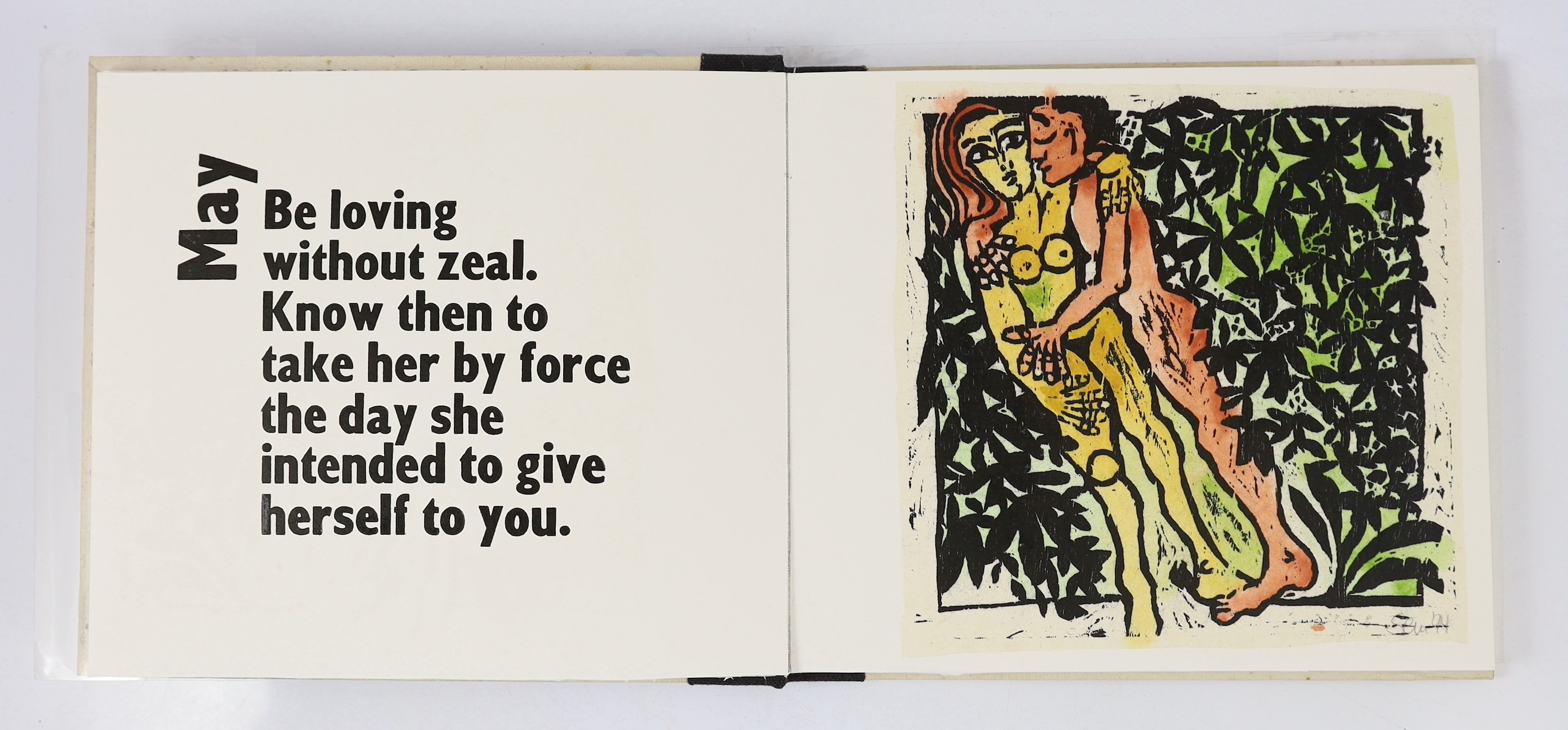 Semar, Kristiane - Touch Wood. Limited Edition (of 12 numbered copies, signed by the artist), title, limitation leaf and 12 hand coloured woodcut plates on thin card, each with text leaf opposite; publisher's cloth backe